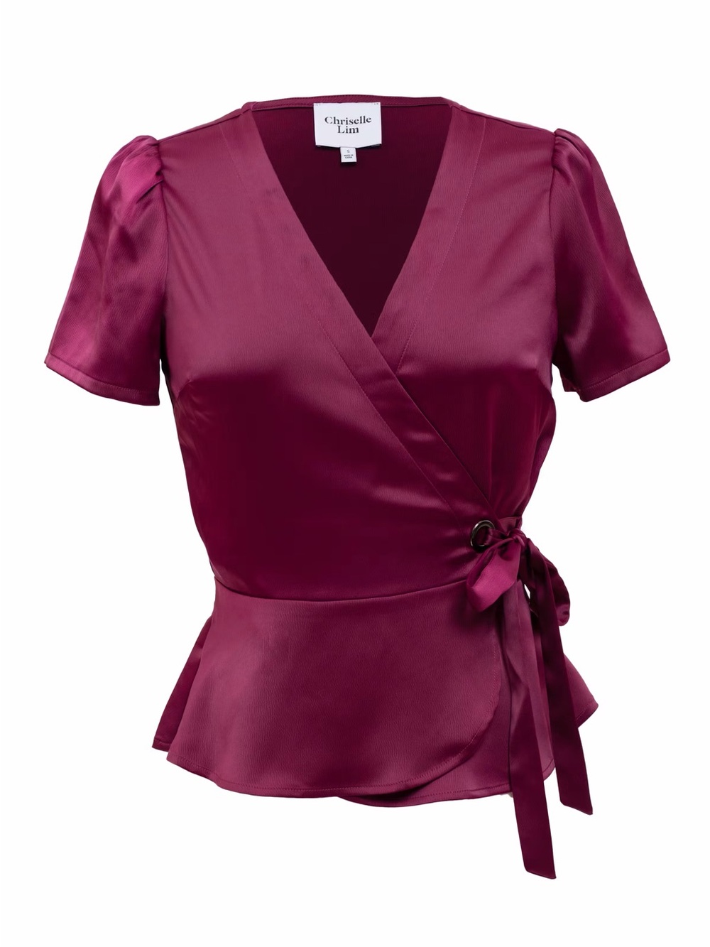 CHRISELLE LIM plum purple satin short sleeve wrap blouse medium